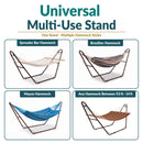 Bronze universal multi-use hammock stand shown supporting spreader bar, Brazilian, and Mayan hammock styles. Designed to fit hammocks from 9.5 to 14 feet long.