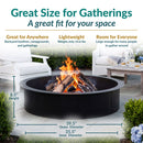 Infographic featuring a black metal fire pit, highlighting its 39.5-inch outer diameter, 35.5-inch inner diameter, 8.5-inch height, 14.6-pound weight, and suitability for backyard gatherings and campgrounds.