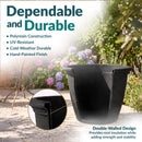 Black double-walled Sunnydaze Anjelica planter on a patio, highlighting its durable construction and root insulation.
