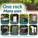 Infographic highlighting eight uses for a dark brown artificial landscape rock, including concealing septic tank covers, well pump risers, sprinkler valves, outdoor outlets, pond filters, control panels, spillway boxes, and pipes in landscaped outdoor areas.