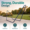 Blue metal hammock stand featuring a strong, durable design with a 1.5-inch tubular frame, 550-pound weight capacity, and 1.5 mm thick steel construction.