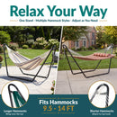 Black metal hammock stand shown with two hammock styles outdoors. Adjustable design fits hammocks from 9.5 to 14 feet, with longer hammocks wrapping over the bar and shorter hammocks attaching to the top hook.