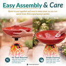 Easy assembly and care infographic featuring a red Mediterranean-style glass bird bath being assembled without tools and cleaned with a cloth. Callouts highlight “No Tools Required” and “Simple Cleaning.”
